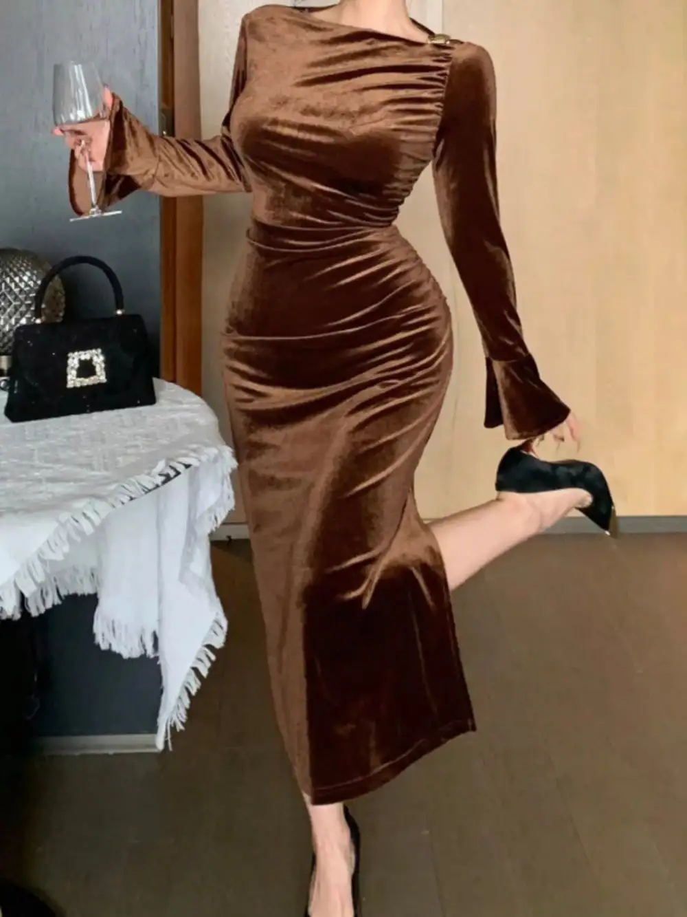 Velvet Ruched Midi Dress