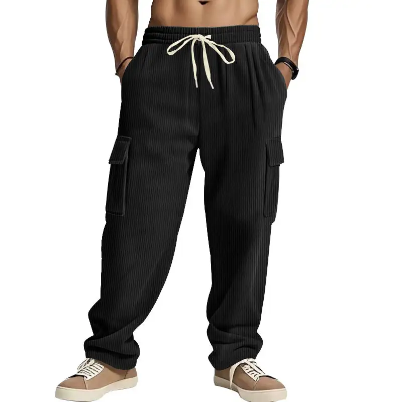 Men's Loose Corduroy Pants with Cargo Pockets and Drawstring Waistband Cargo Pants