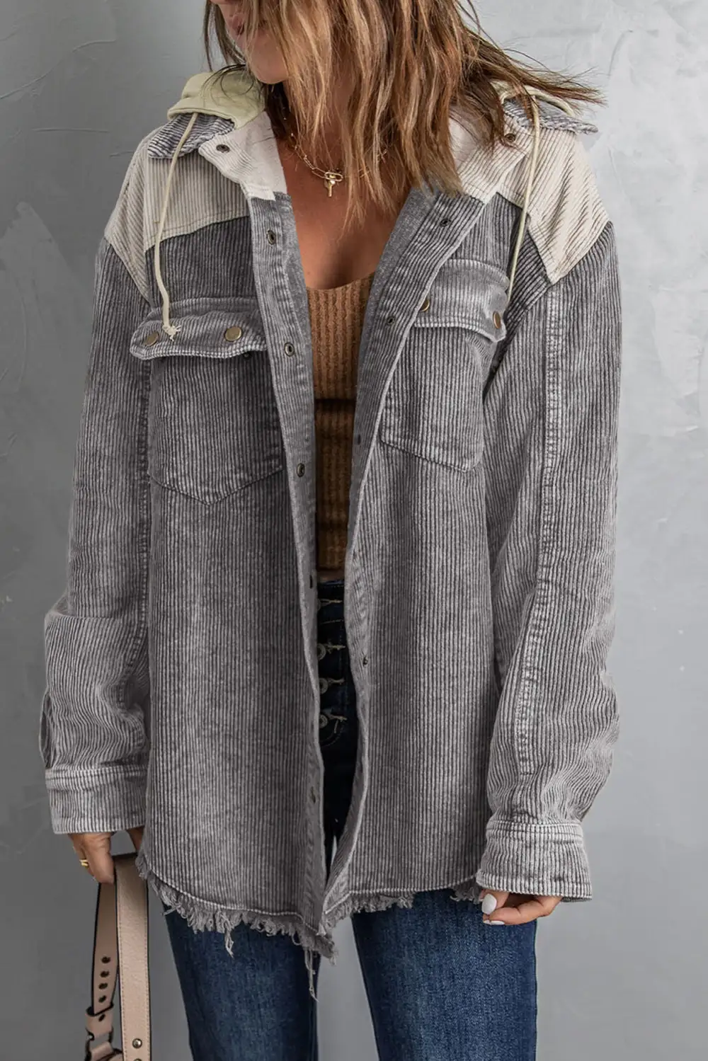 Women's Colorblock Button Down Hooded Corduroy Jacket
