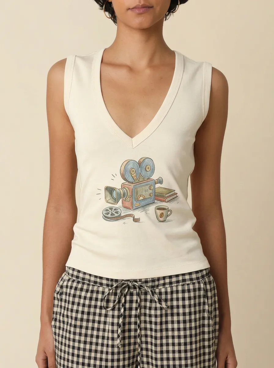 Women's Movie Lover Vintage Camera Film Coffee Graphic Tank Top