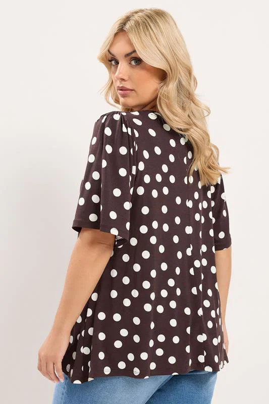 Chocolate Brown Polka Dot Pleated Front Top detail 2