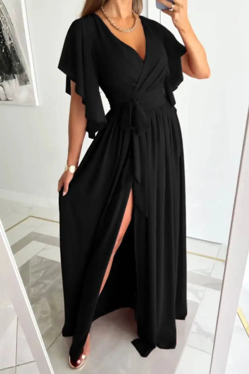 Relaxed Surplice Neck Flutter Sleeve Dress