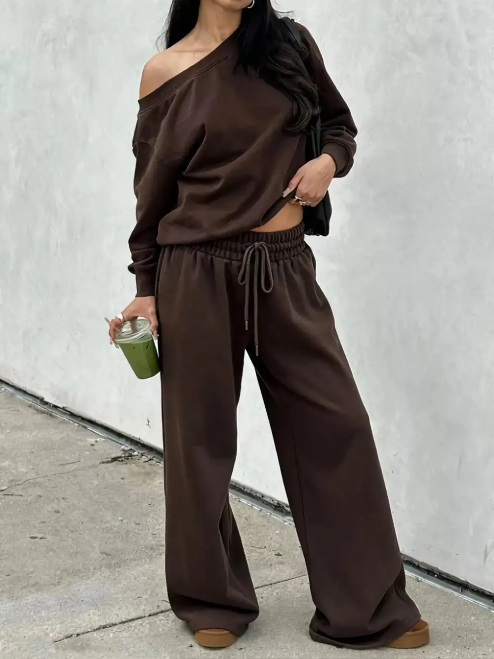 Boat Neck Long Sleeve Sweatshirt and Pants Set
