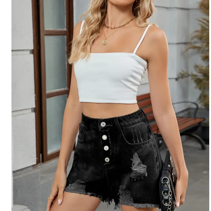 Soft Distressed Raw Hem Denim Shorts