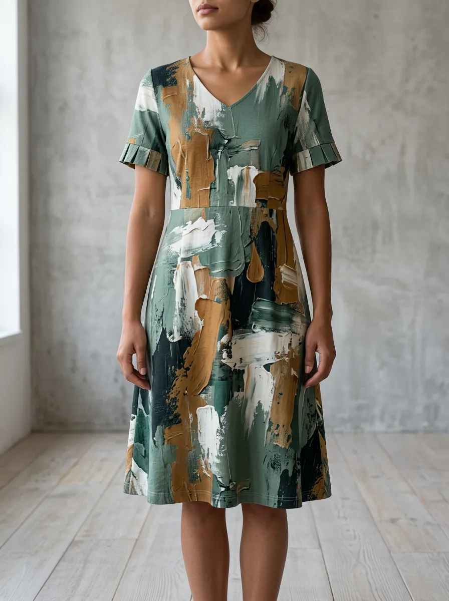 Women's Abstract Oil Painting Style Printed V-Neck Dress
