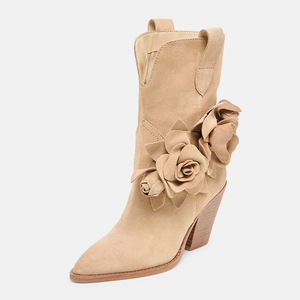Faux-Suede Pull-On Floral Pointed-Toe Western Boots