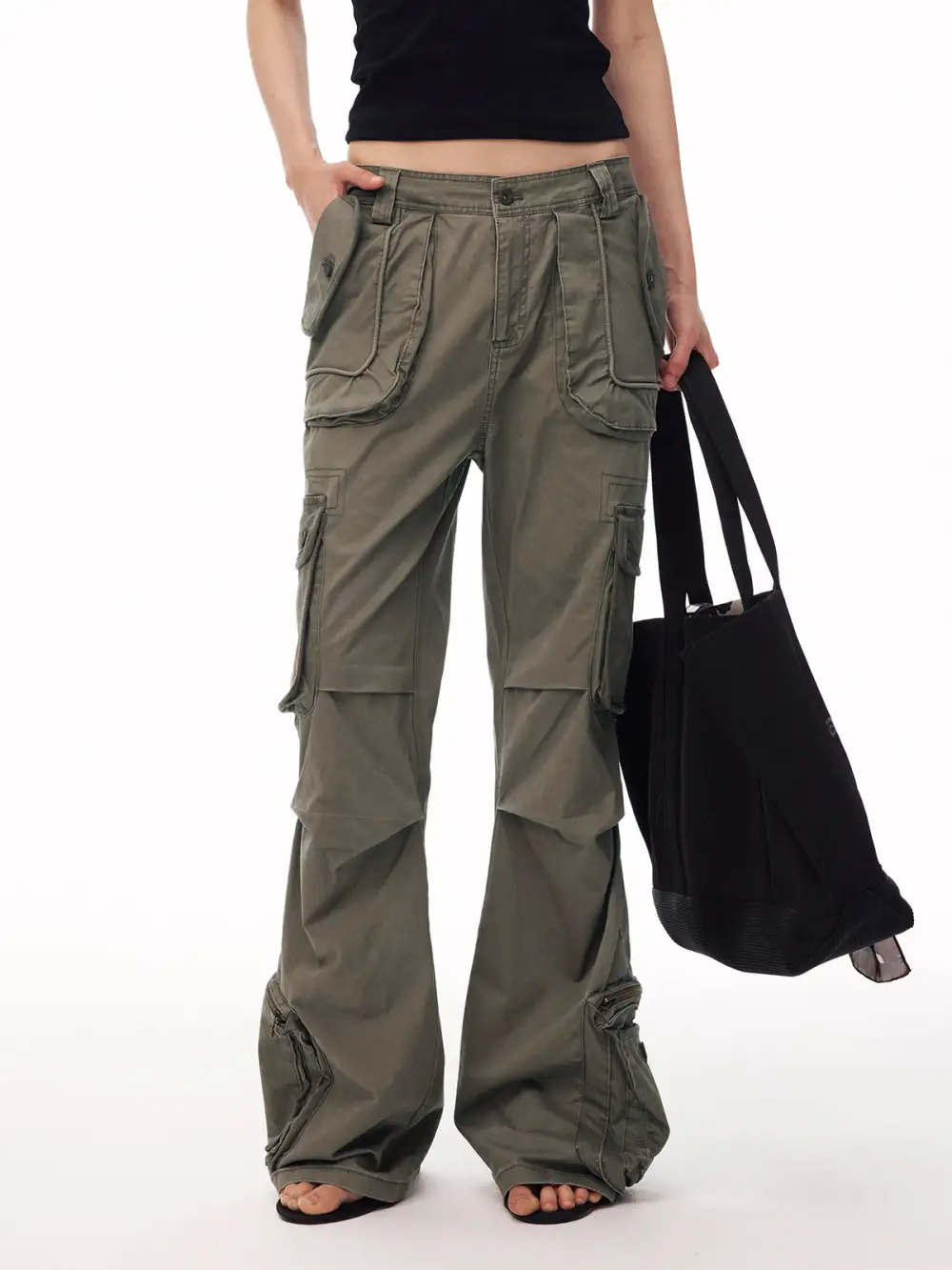Wide-Leg Multi-Pocket Lace-Up Cargo Pants