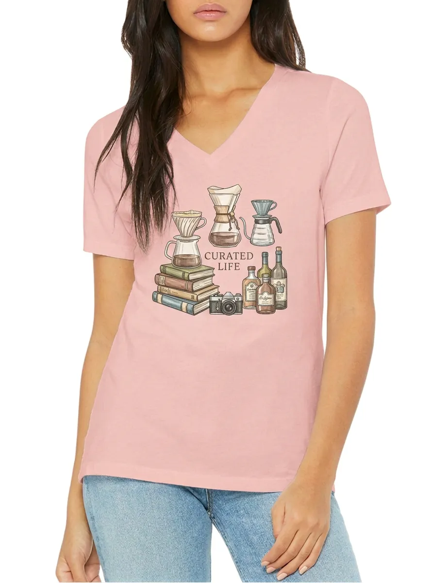 Women's Coffee Book Curated Life Graphic V-Neck T-Shirt