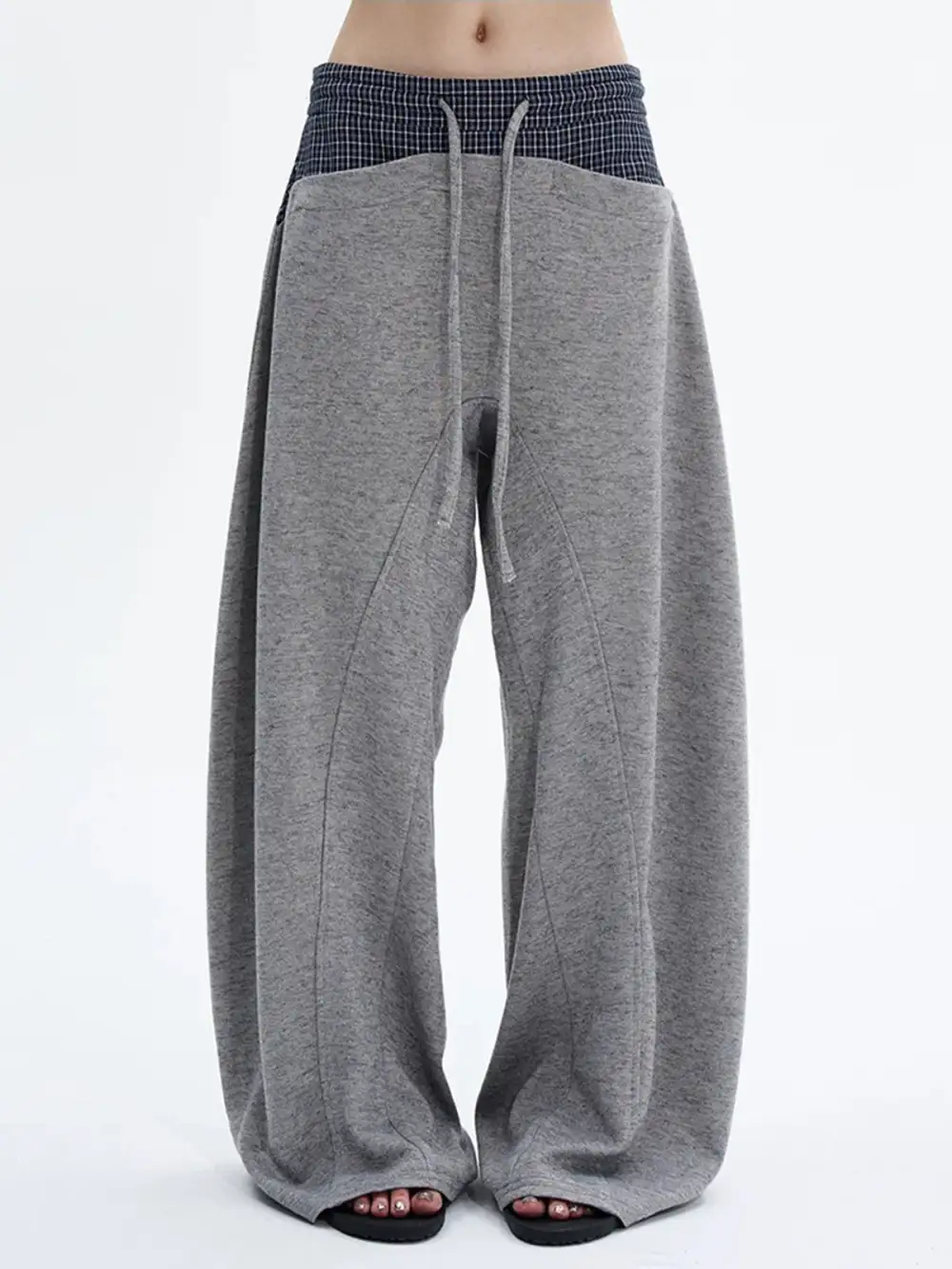 Barrel-Leg Plaid Contrast-Detail Pants
