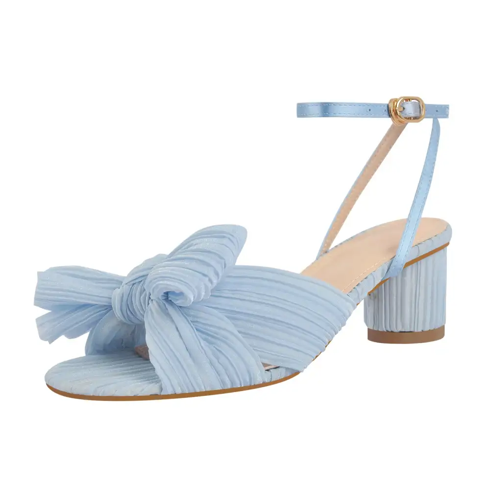 Pleated Bow Mid Chunky Heel Sandals