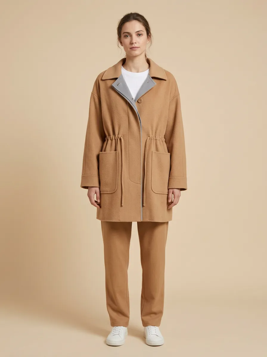 Casual Drawstring Waist Wool Blend Coat