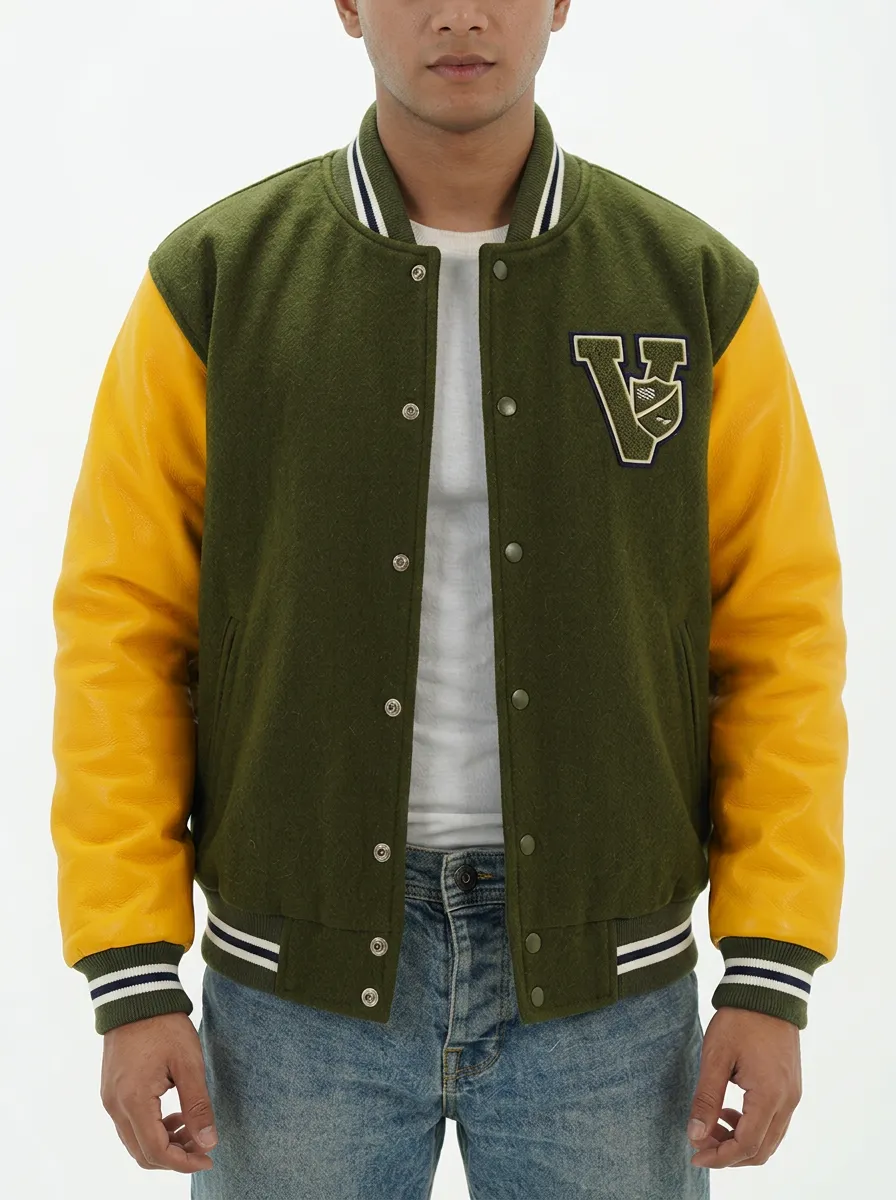 Men's Letter V Green & Yellow Wool Baseball Jacket