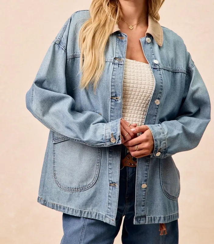 Washed Denim Jacket with Contrast Collar Detail