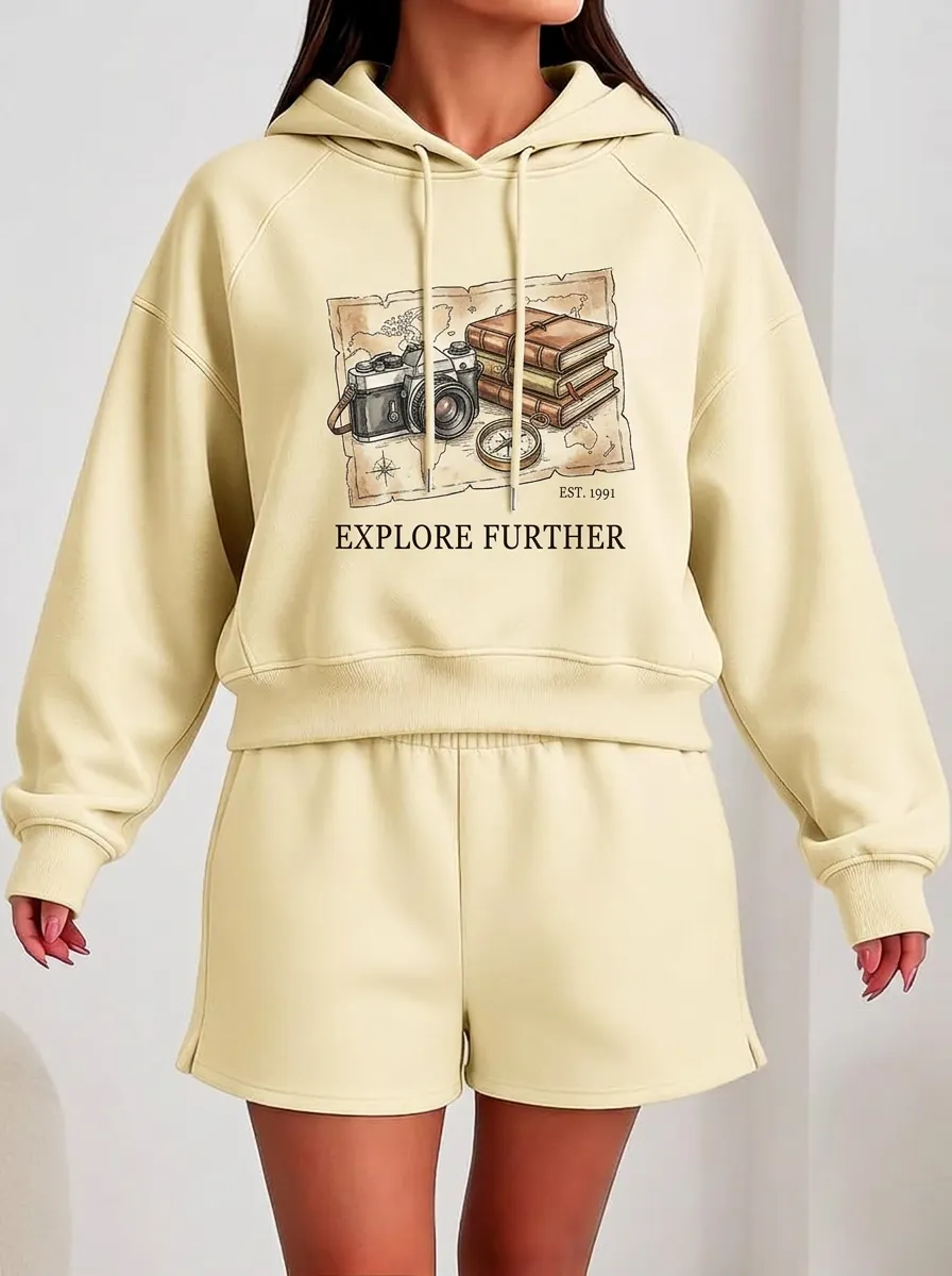 Women's Travel-Inspired Map Camera Books Printed Hoodie