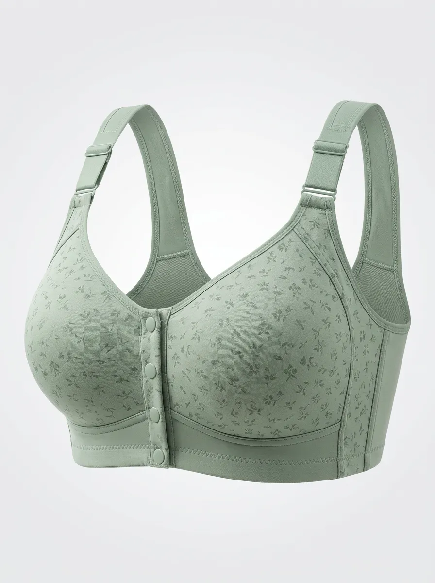 Women's Plus Size Sage Green Floral Front-Closure Full-Coverage Wireless Bra