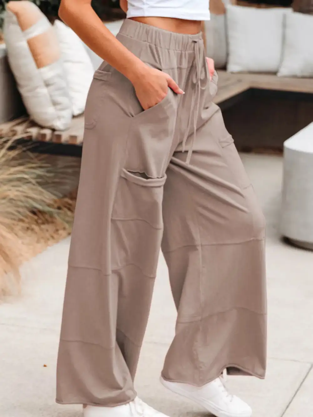 Wide Leg Drawstring Elastic Waist Mineral Wash Cargo Pants