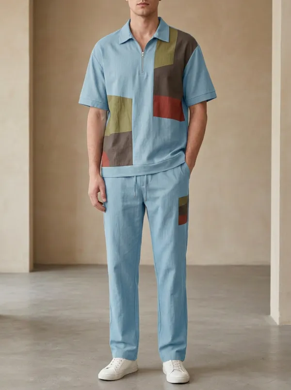 Men's Casual Colorblock Patchwork Printed Lounge Set Everyday Design