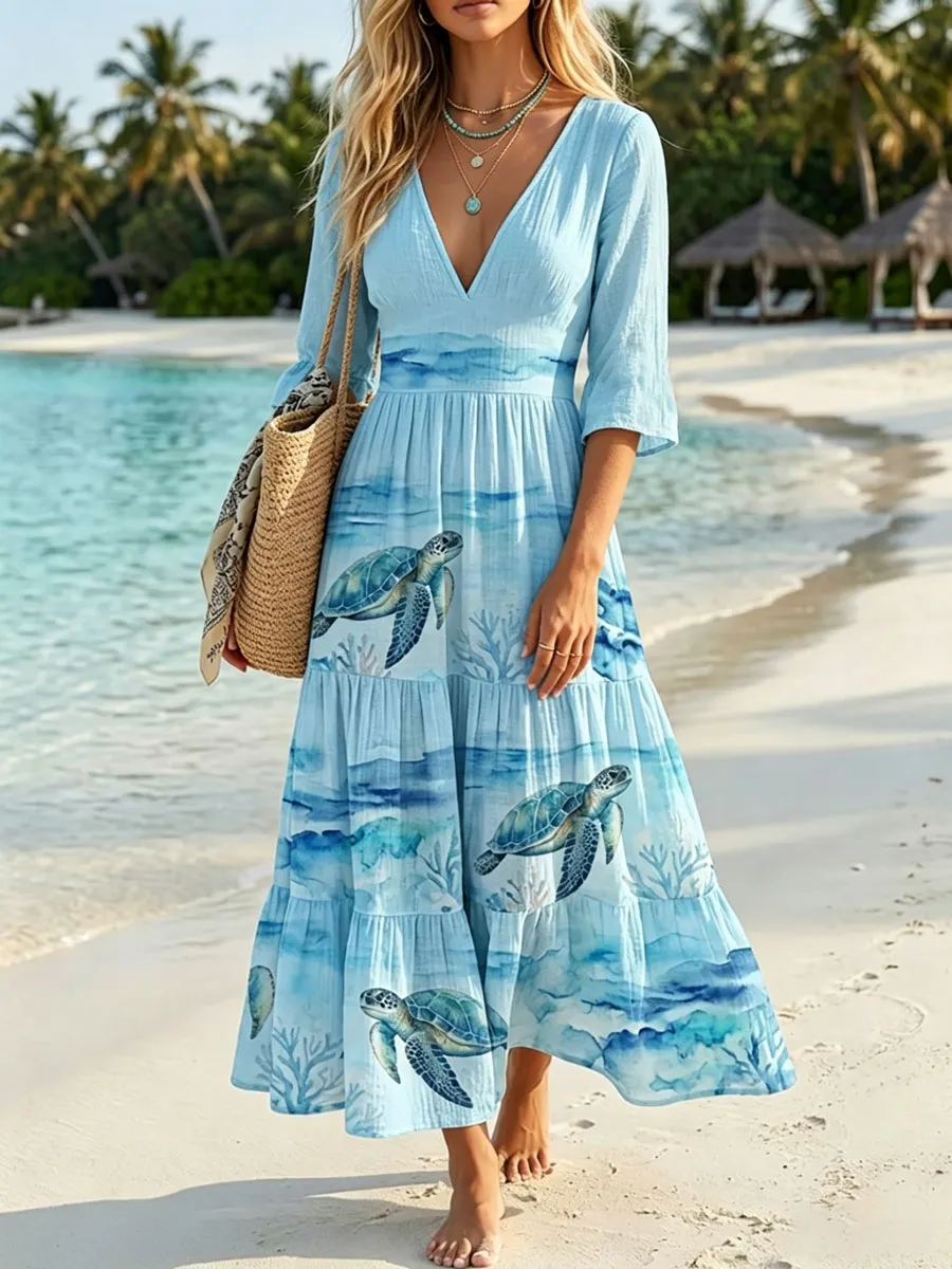 Women'S Sea Turtle Print Vacation Dress