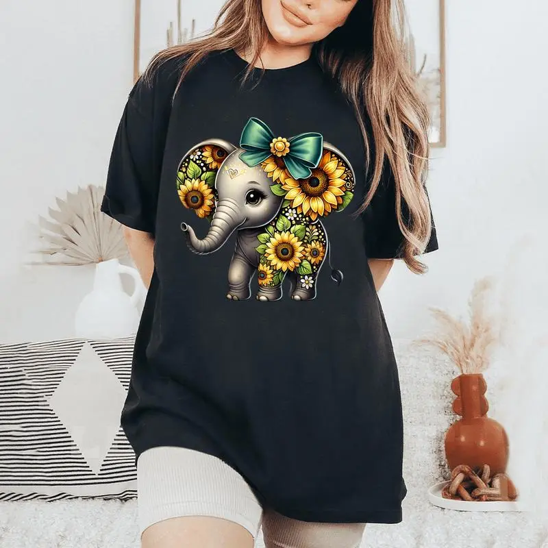 Flower Elephant Sunflower Flower Bow Graphic Girls Women's Oversized Comfort T-Shirt