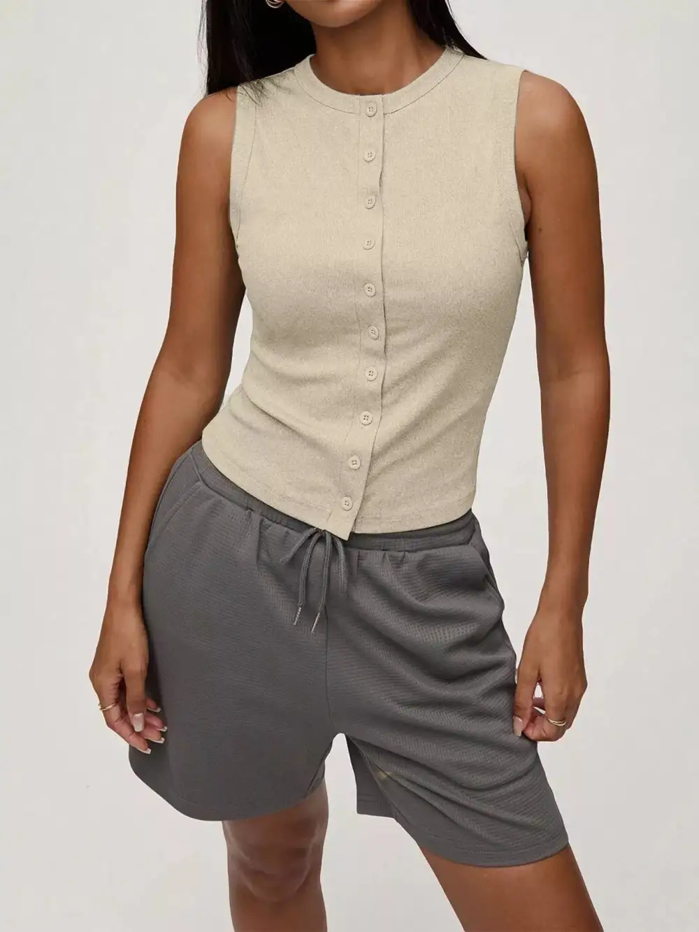 Ribbed Button Front Sleeveless Tank