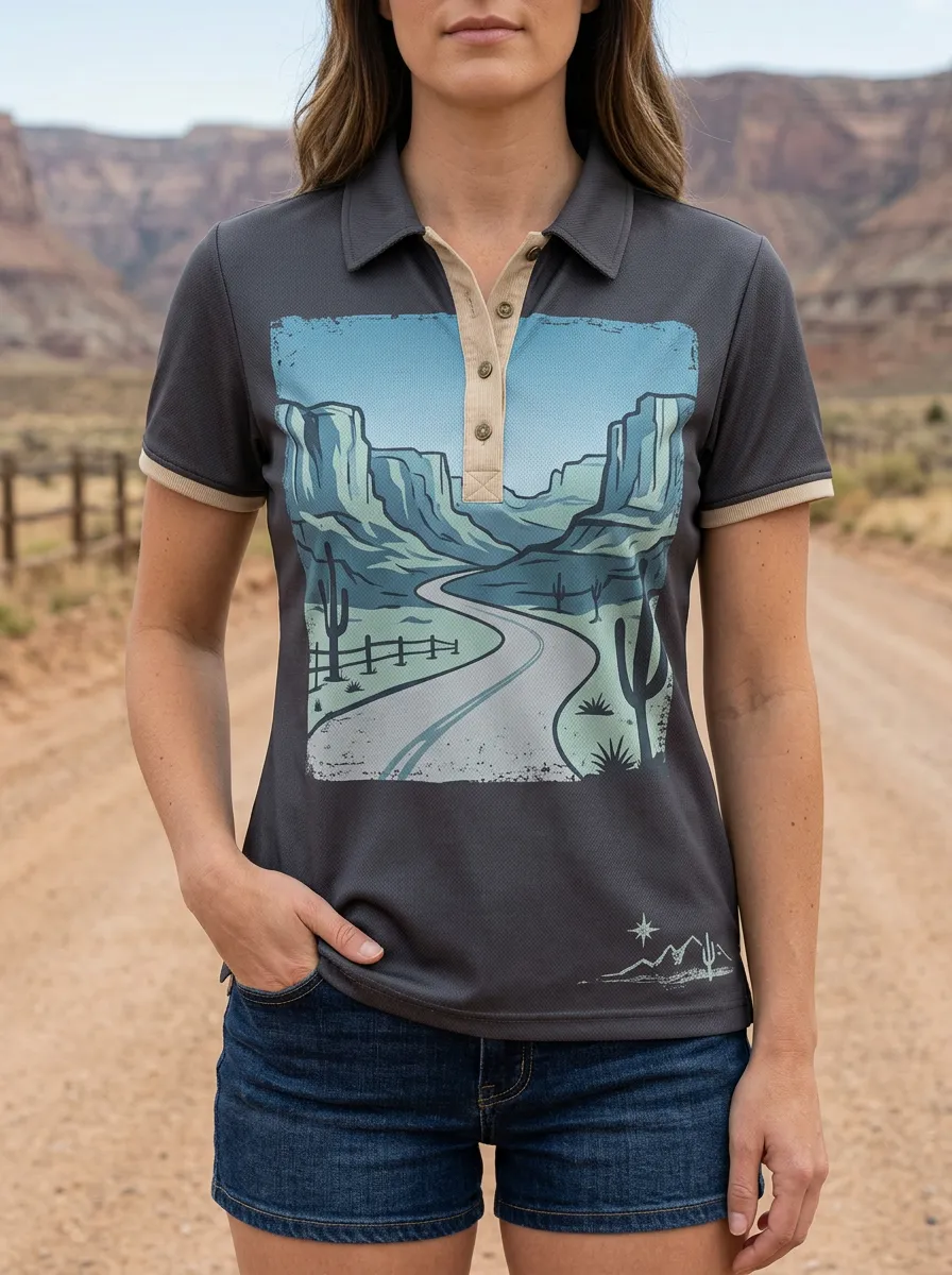 Women's Modern Desert Landscape Cactus Road Polo Shirt