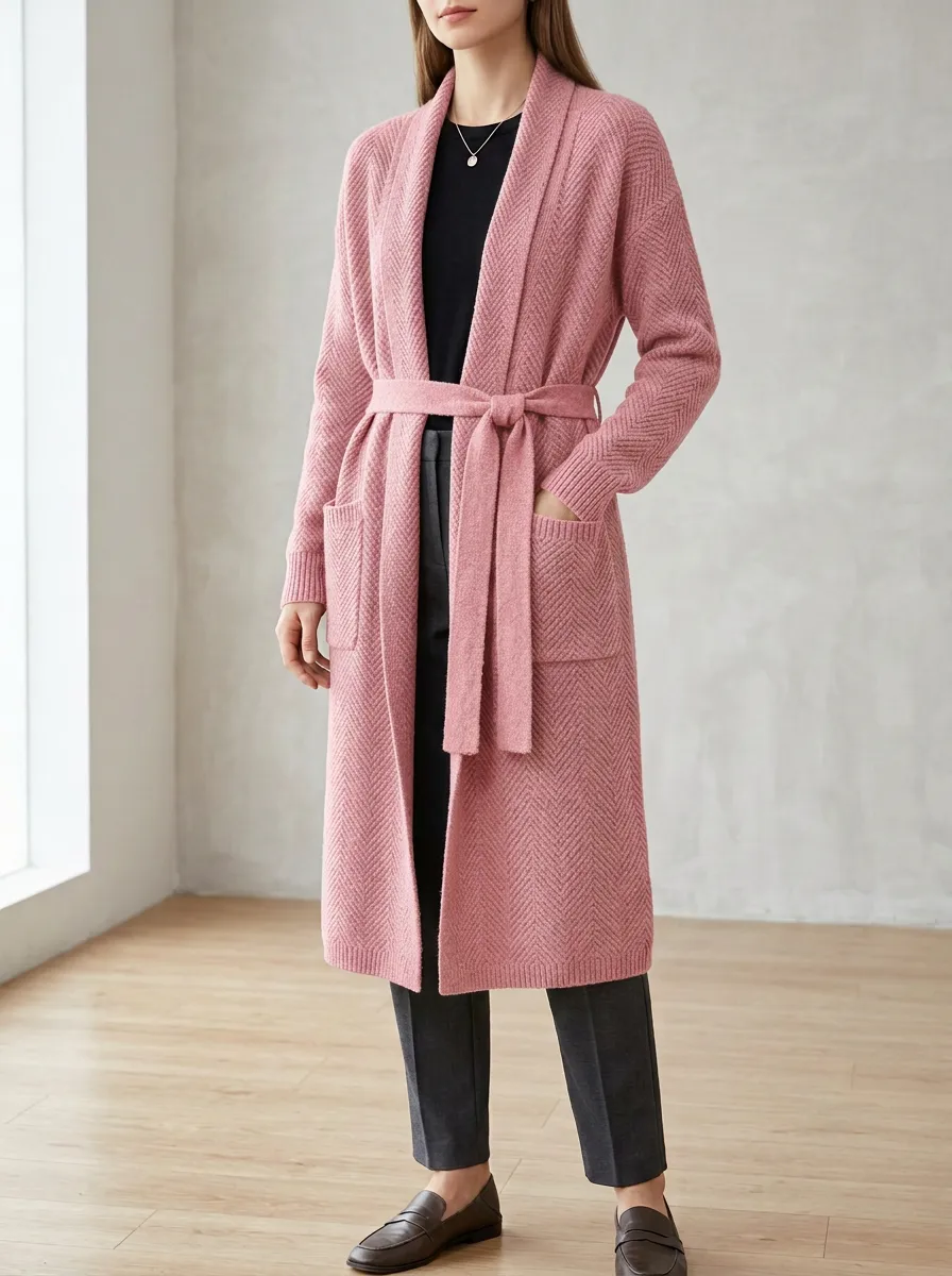 Women's Herringbone Belted Knit Cardigan