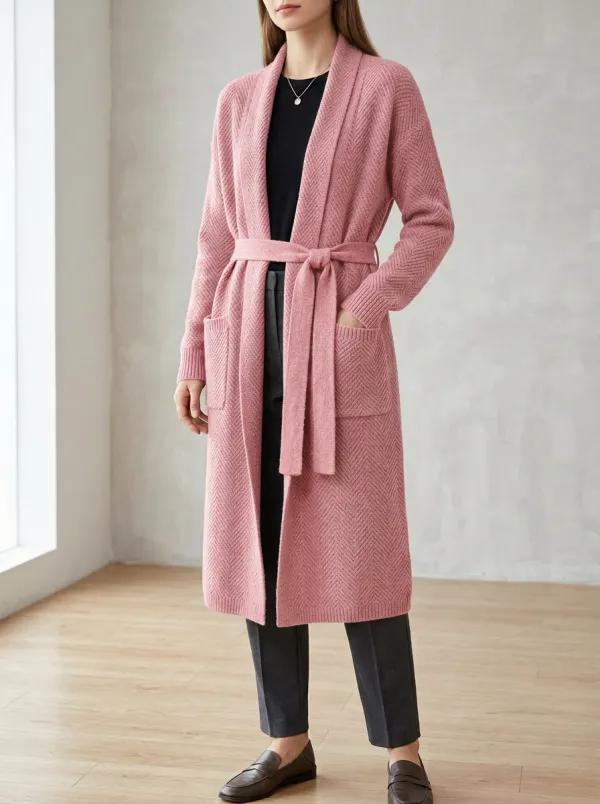 Women's Herringbone Belted Knit Cardigan