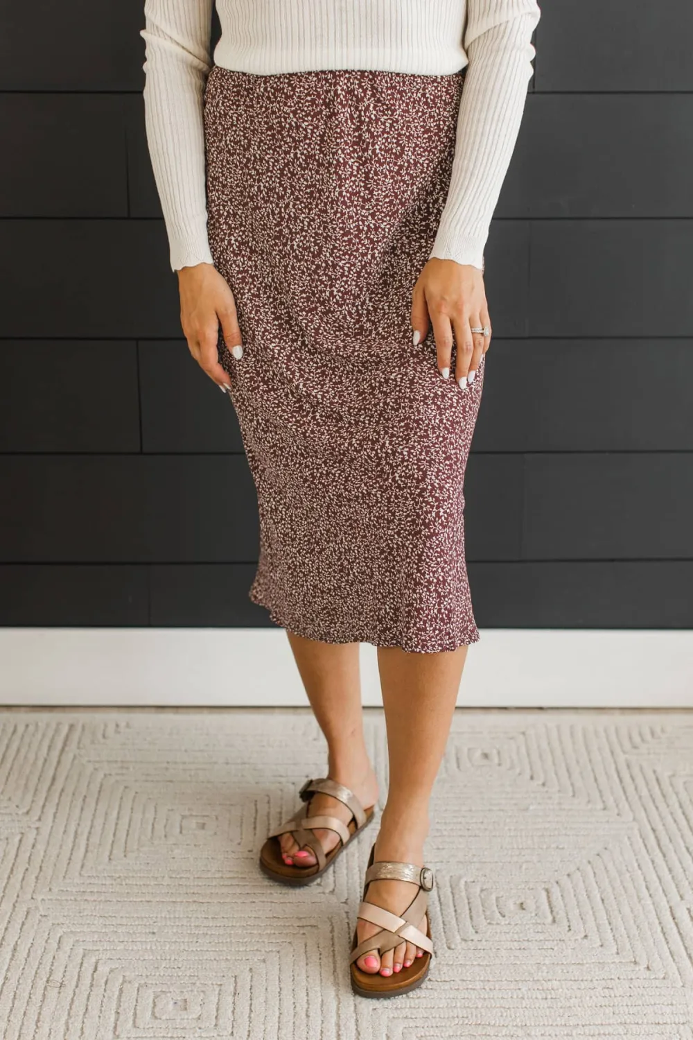 Elastic Waist Floral Midi Skirt