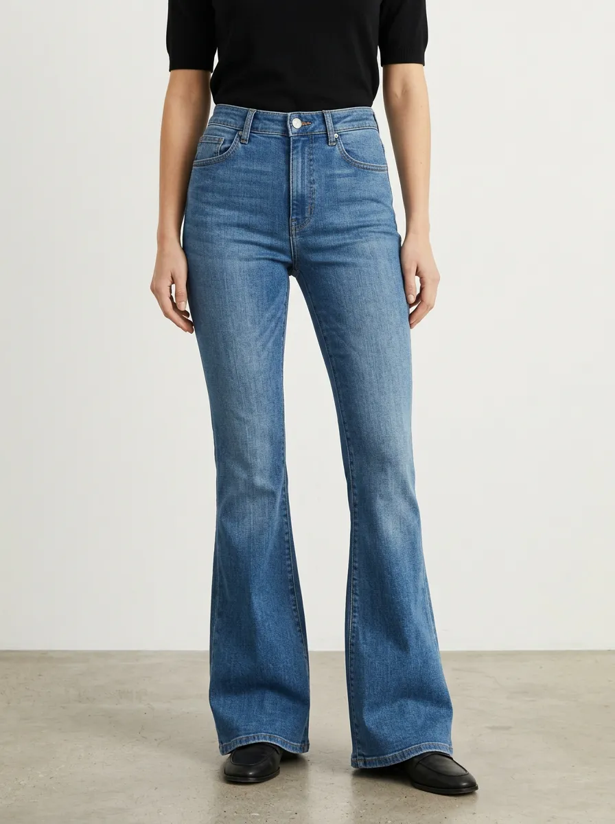 Vintage Inspired Contrast Stitch High Rise Flare Jeans