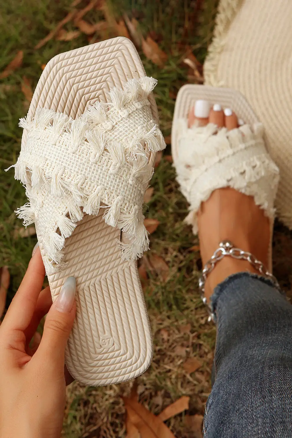 Tassel Woven Crossed Straps Flat Slide Slippers