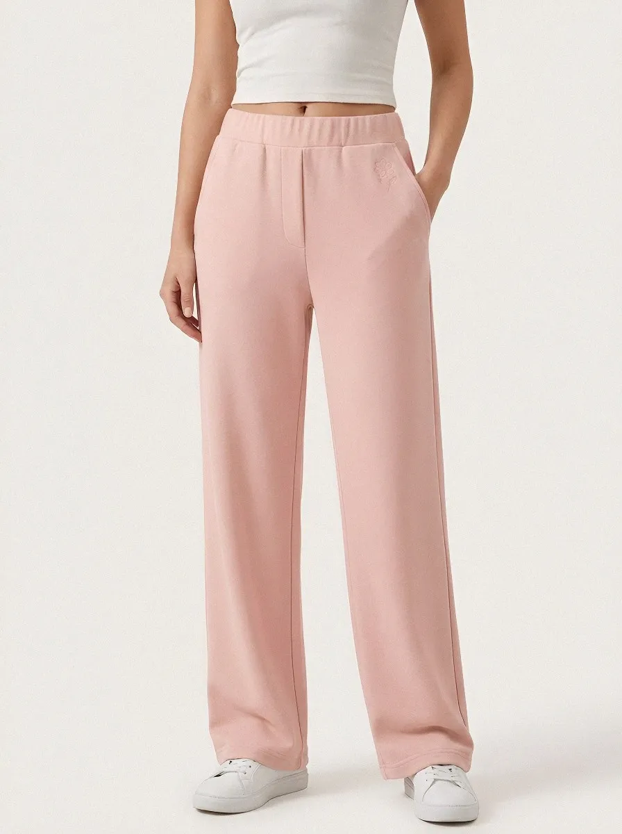 Women's Minimalist Beige Flower Embroidered Sweatpants