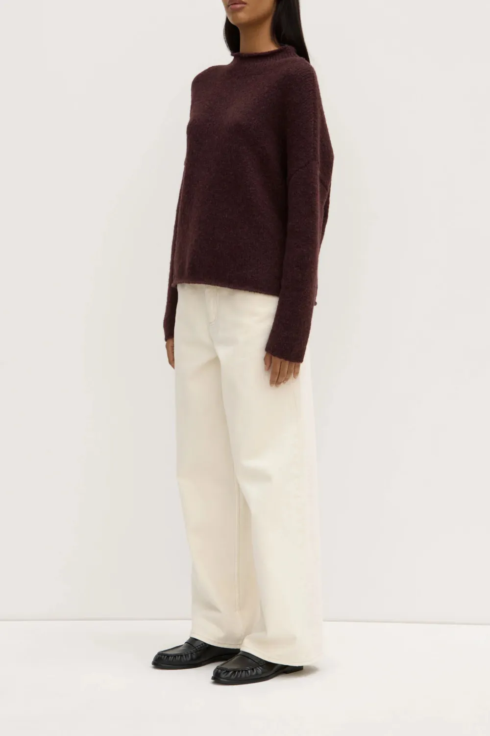 Loose Knit Sweater With Shoulder Drop And Stand Up Collar