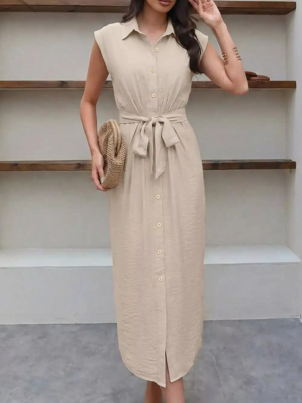 Button Front Tie Waist Sleeveless Midi Dress