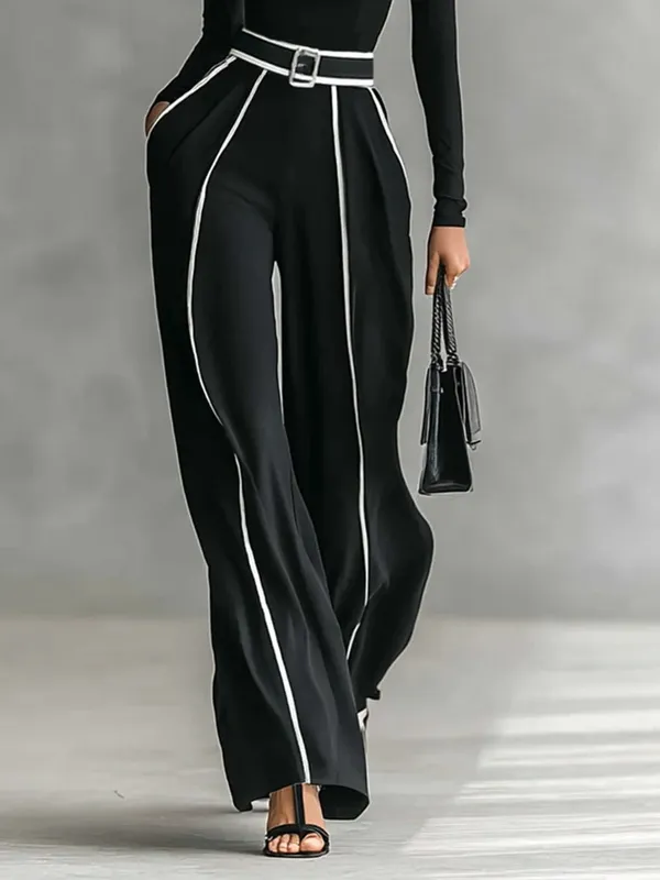 High-neck Top & Wide-leg Pants Set (free Belt)