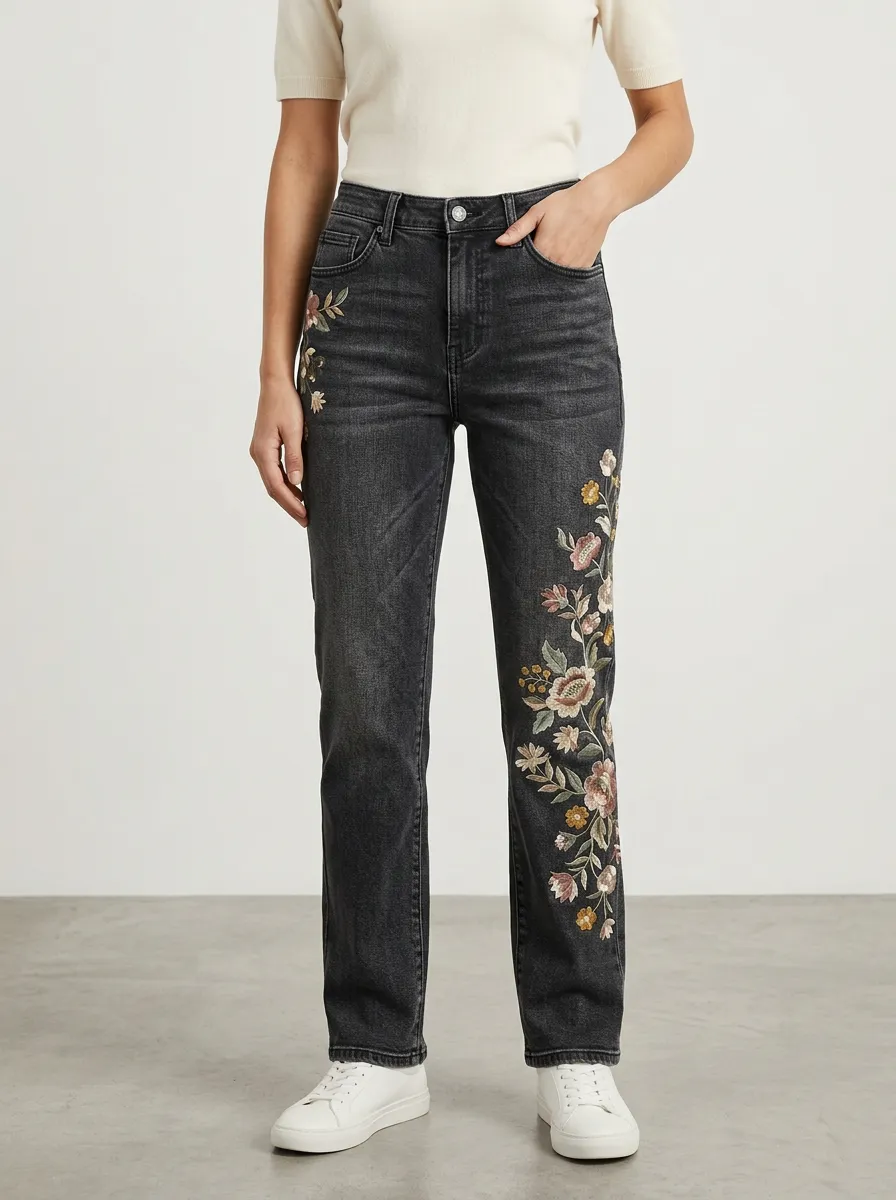 Women's Floral Nature Lover Embroidered Printed Straight Jeans