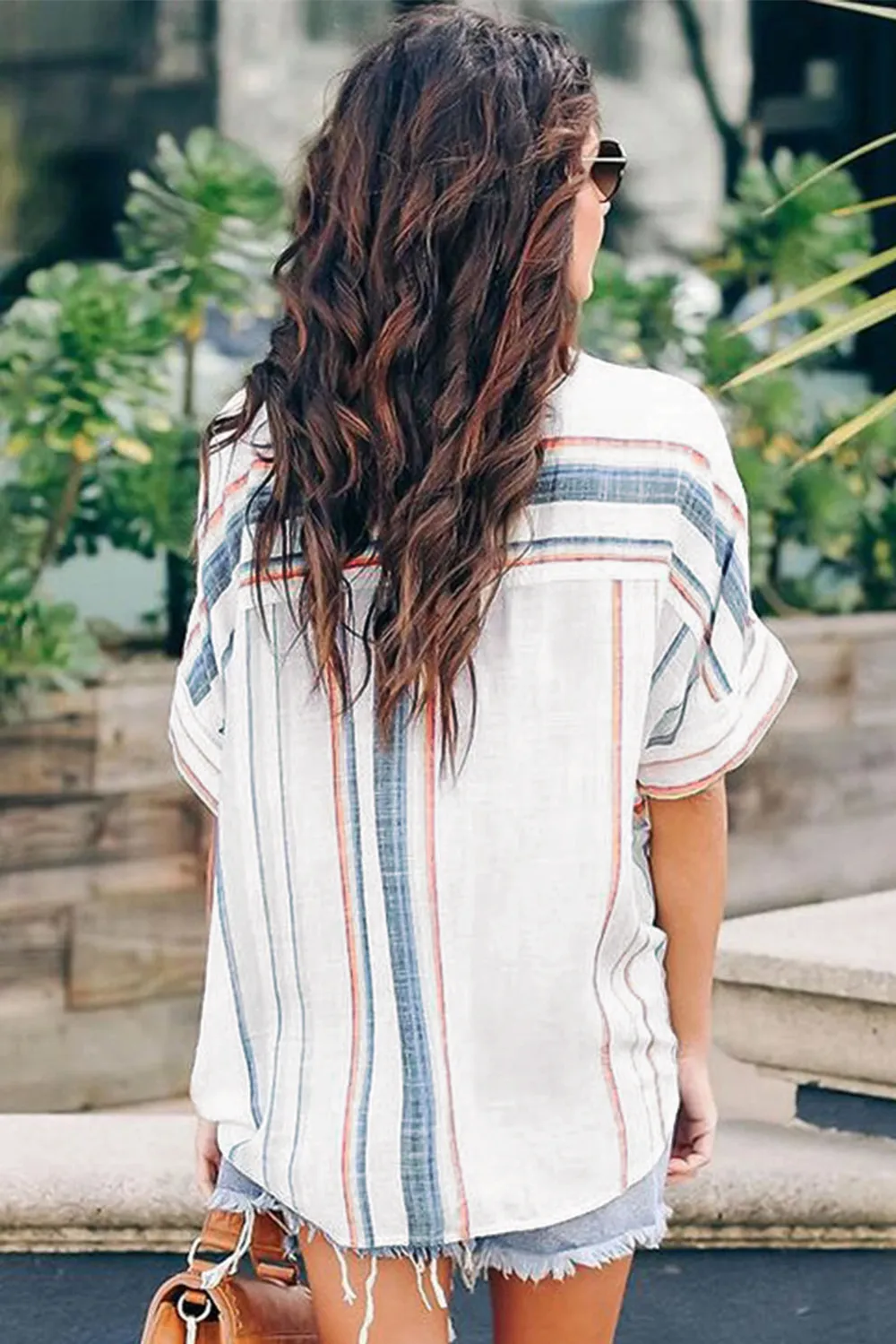 V Neck Stripes Roll Up Shirt