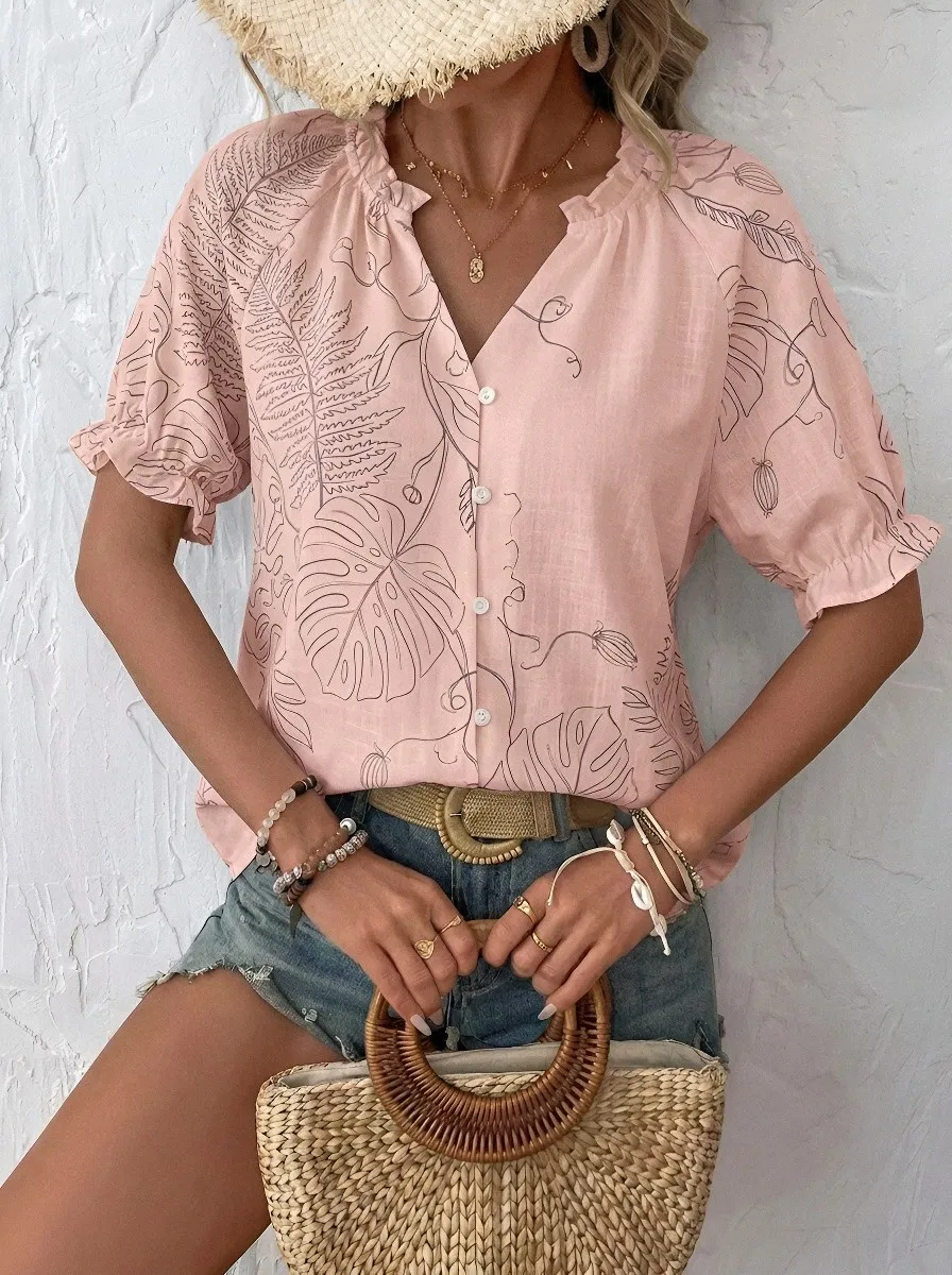 Women's Botanical Tropical Leaf Line Art Printed Blouse