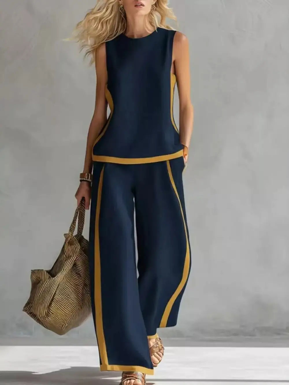 Full Size Contrast Stripe Sleeveless Top & Wide Leg