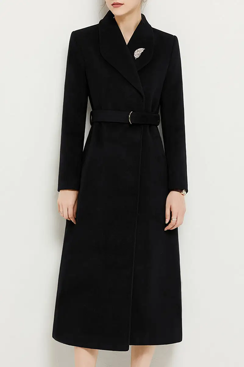 Refined Wool Blend Tailored Belted Pocketed Button Front Coat