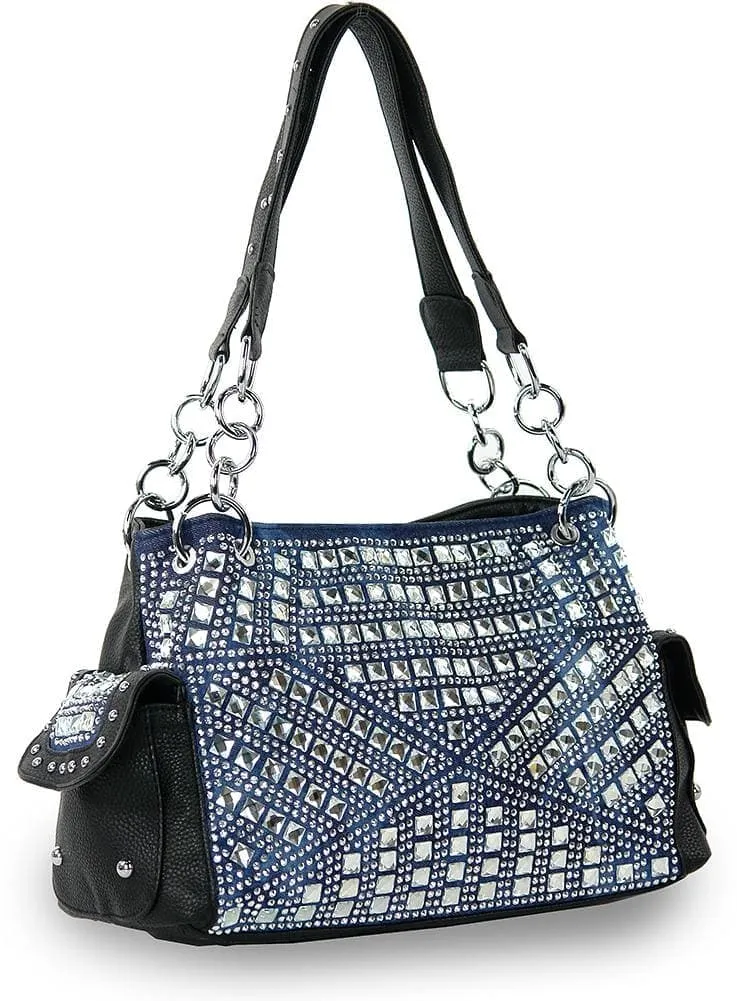 Classic Detail Crystal Accent Chain Accent Pocketed Faux Leather Shoulder Bag