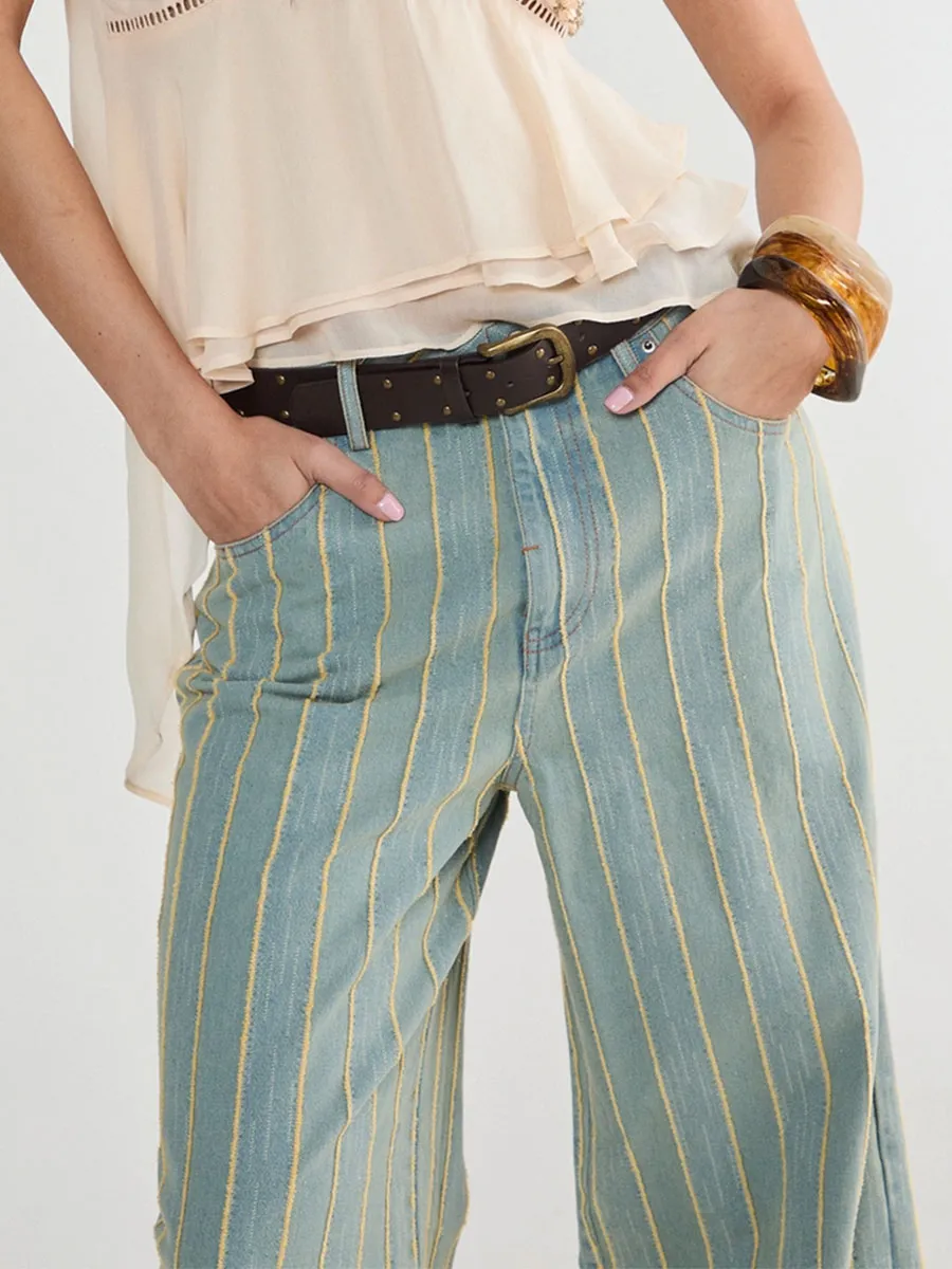 Women's Vintage-Style Stripe Wide-Leg Denim Pants