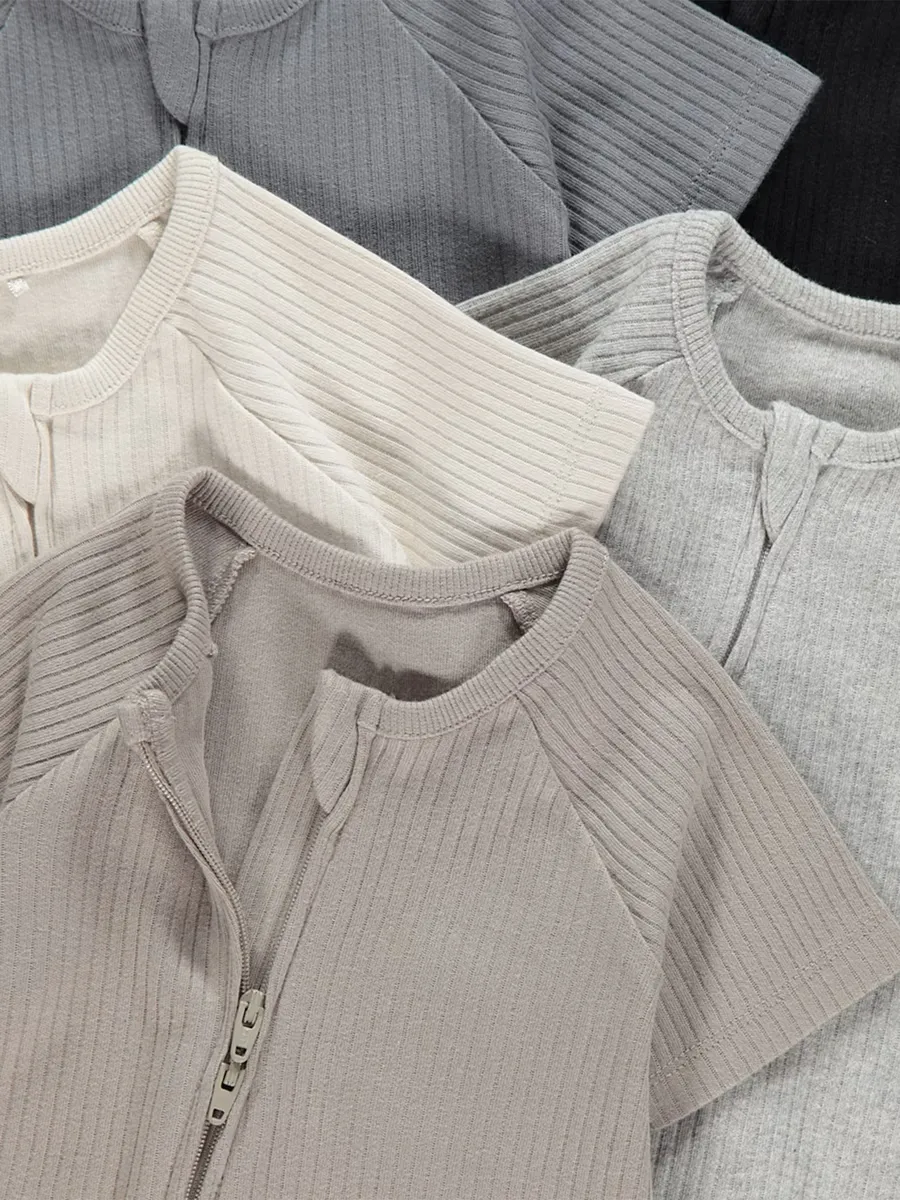 Neutral Ribbed Zip Fasten Rompers 5 Pack