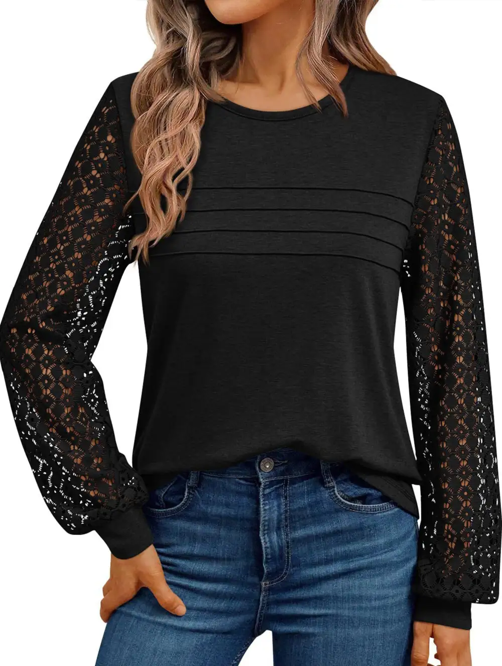 Crew Neck Openwork Patch Top