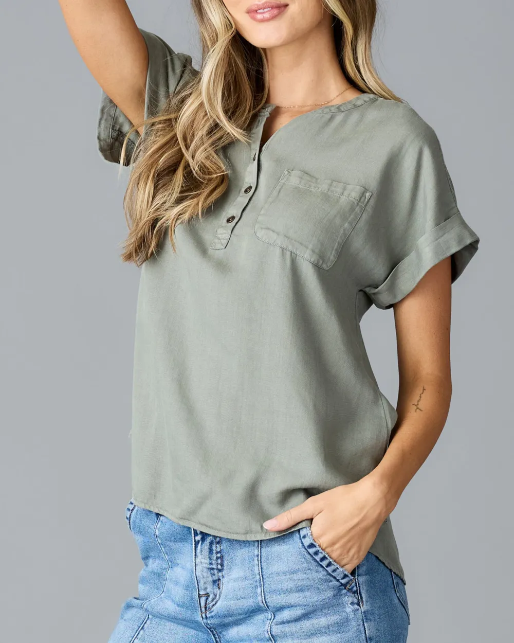 Relaxed Fit Sage Green Henley Shirt