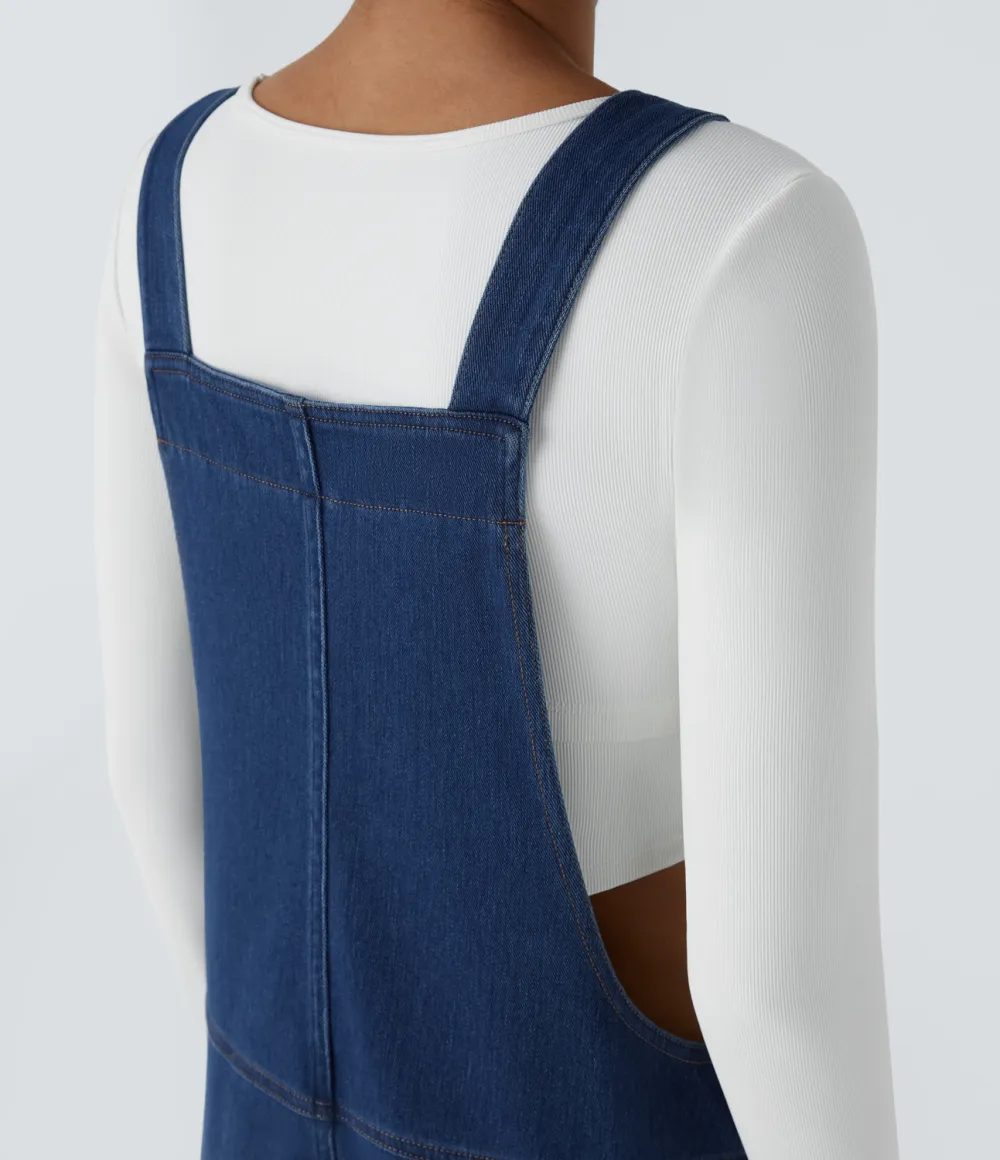 Magic V Neck Side Pocket Washed Stretchy Knit Denim Casual Overalls