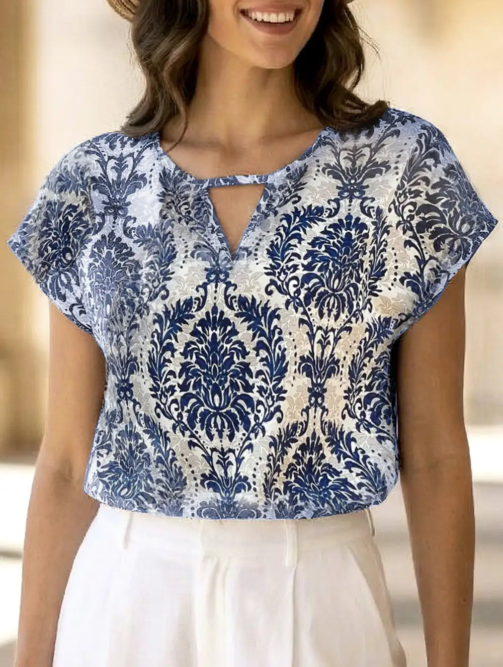 Print V-Neck Batwing Sleeve Top