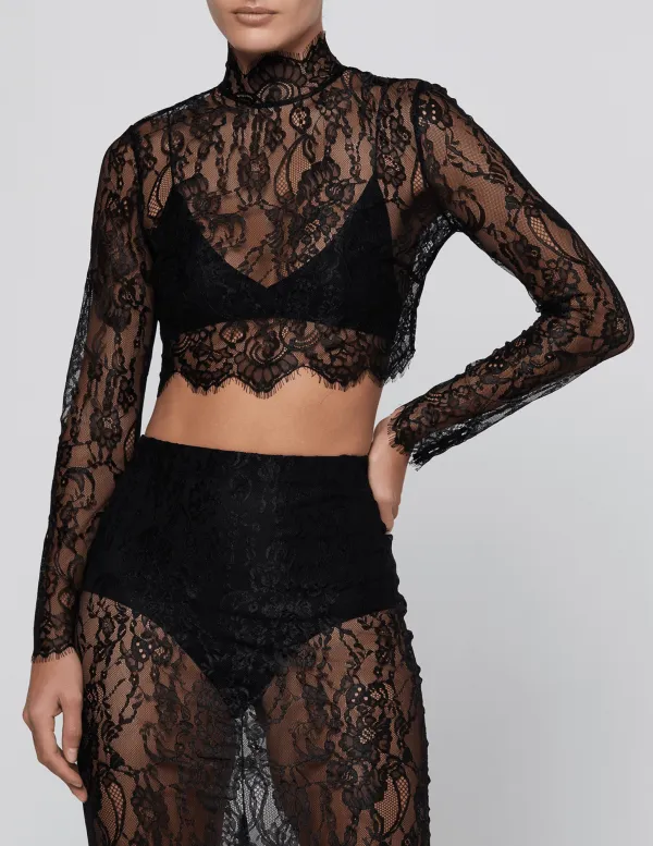 Satin Lace-Trim Floral-Print Cropped Long-Sleeve Top