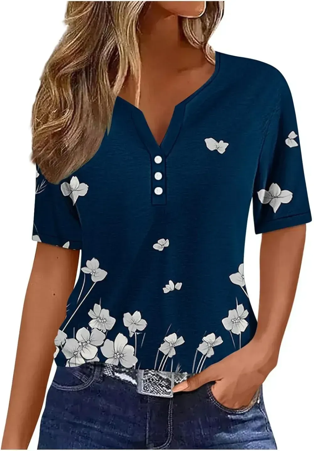 Shirts for Women Casual Printed Summer Tops Short-Sleeved Button V-Neck Tops Blouse Fashion Boho T-Shirts
