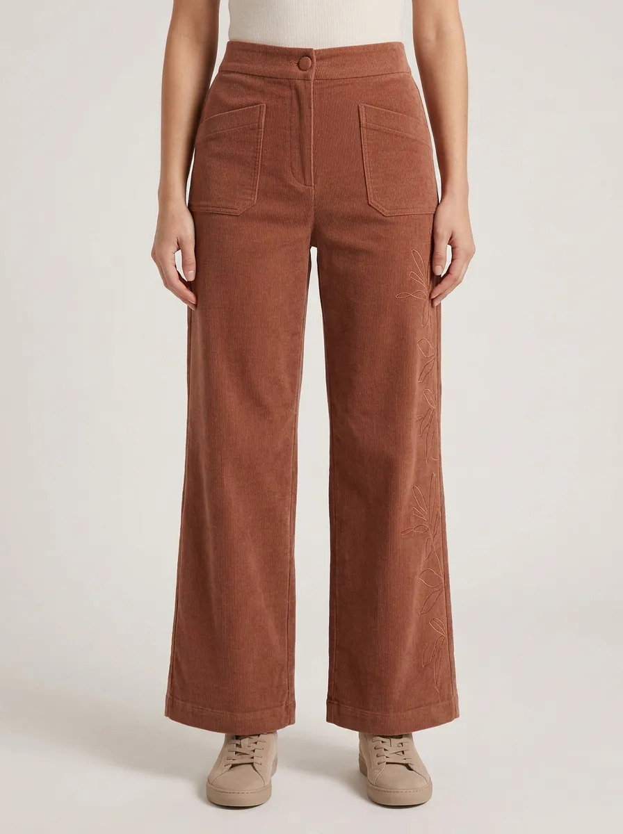Women's Floral Embroidery Brown Corduroy Wide Leg Pants