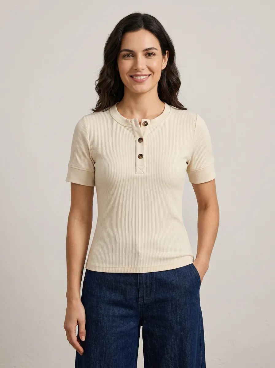 Women's Casual Minimalist Beige Ribbed Button-Up Henley Shirt